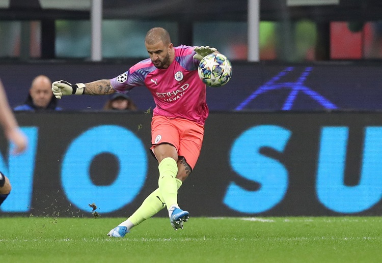 Kyle Walker saves a free-kick in the second-half of the Manchester City Champions League match against Atalanta