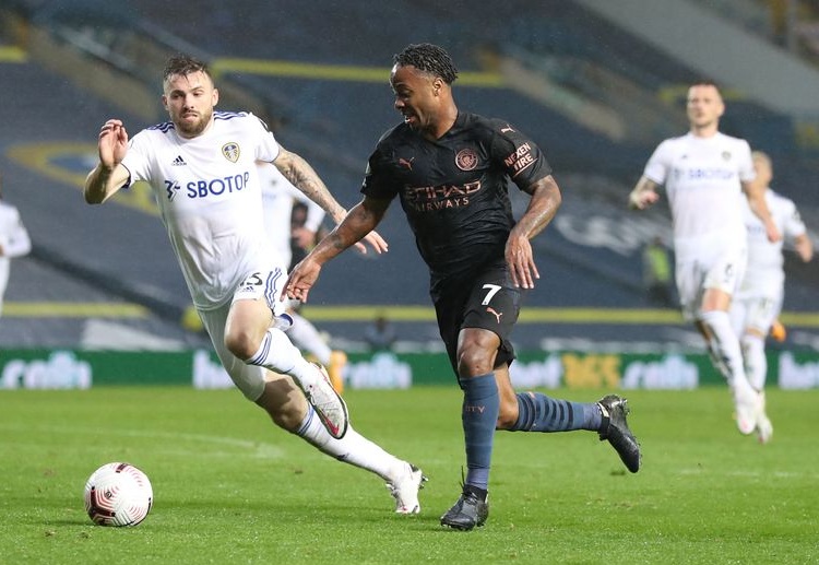 Raheem Sterling scores an early goal during Leeds United-Manchester City game in Premier League