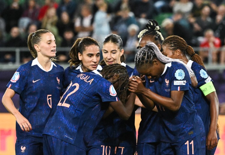 France’s Kadidiatou Diani celebrates with teammates after netting penalty in Women’s Euro 2025 Group D game vs. Wales
